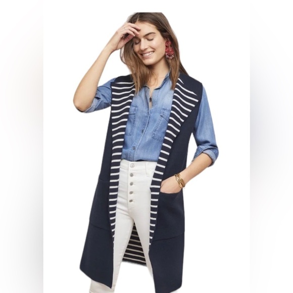 Anthropologie MOTH black and white Stripe Pop Print Long Cardigan Vest Duster - Picture 1 of 11